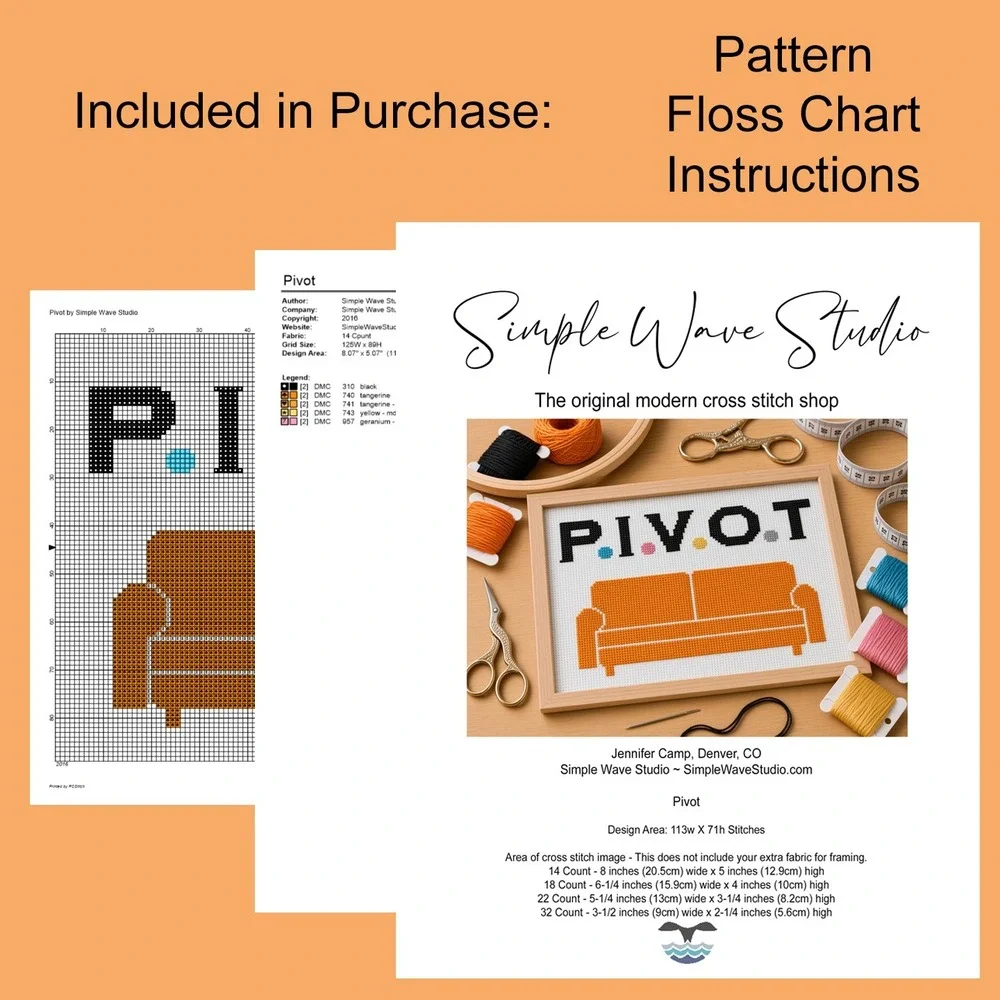 Pivot Friends Cross Stitch Pattern Orange Sofa Sitcom Pop Culture DIY